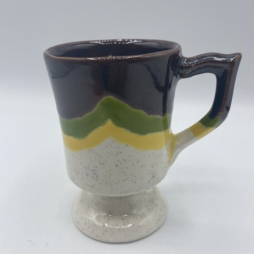 Vintage Coffee Mug Tea Cup Brown Green Yellow Speckled Footed Mid Century Modern